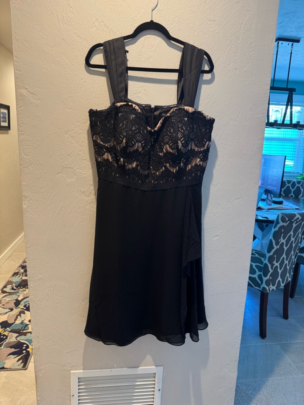 City Chic Black Lace-Overlay Mini Dress with Nude Lining